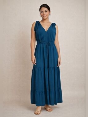 Calvin Klein Deep Teal V-Neck Maxi Dress with Tie Waist